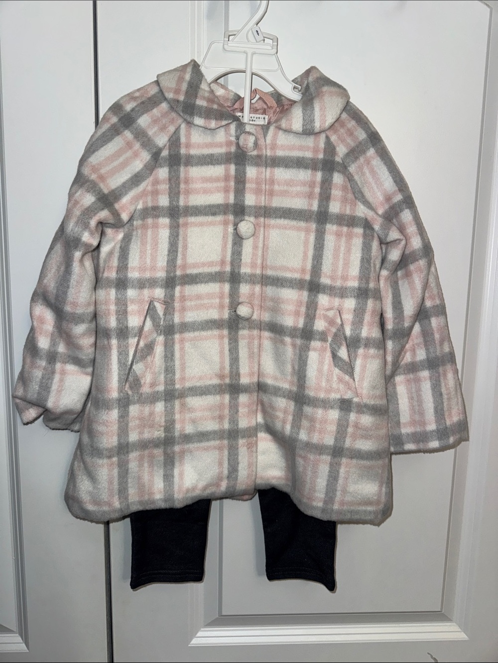 Max Studio Pink and Gray Plaid Hooded Kids Coat